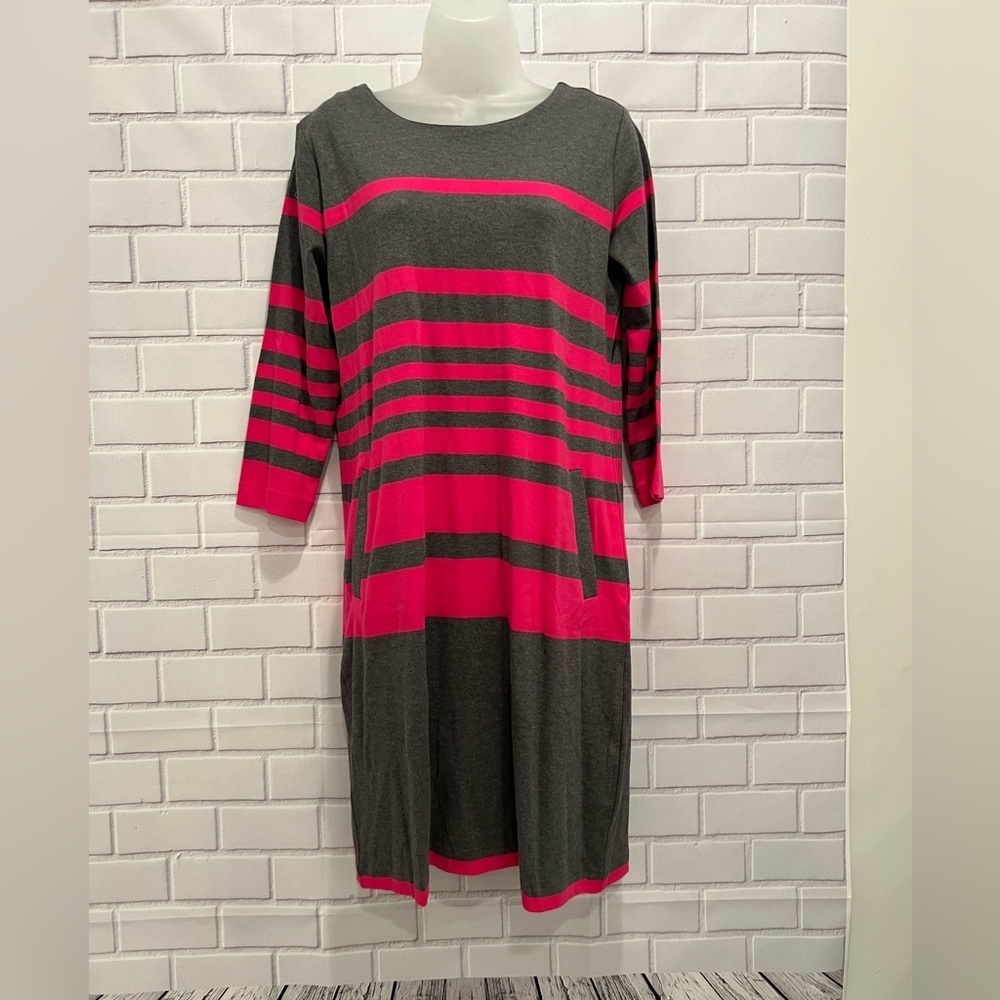 JOAN VASS striped hot pink & gray Barbiecore 3/4 sleeve casual dress/size MP - Picture 4 of 8